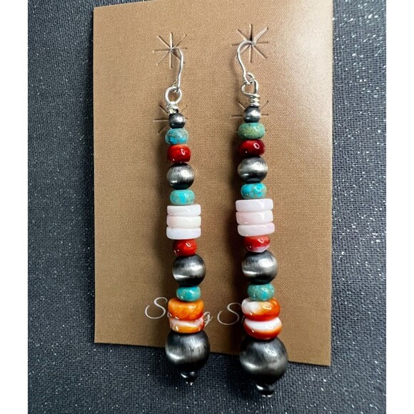 Hand Strung 925 Silver Turquoise Pink Conch Navajo Pearls Coral Spiny Earrings - Picture 6 of 6